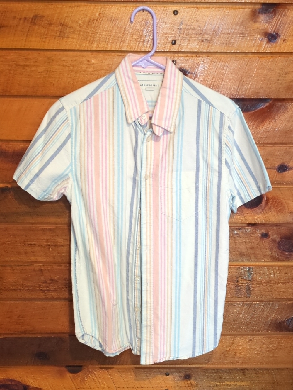 Aeropostale Women's Pastel Multi-Stripe Short Sleeve Button-Down Shirt